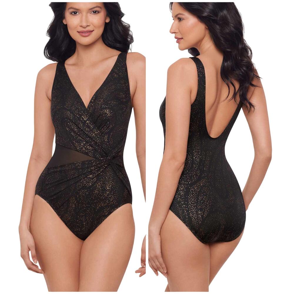 Miraclesuit NWT Circe One Piece Swimsuit Brillante Black Gold Size 10 Mesh Panel